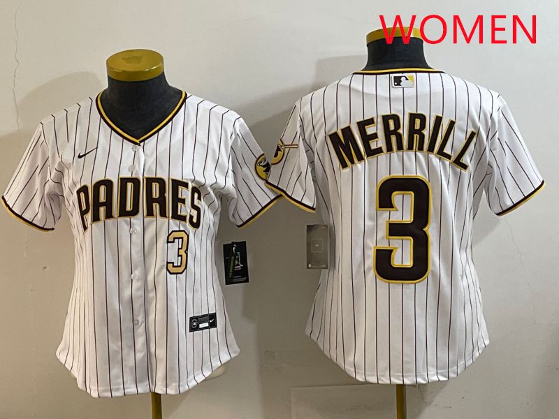 Women San Diego Padres 3 Merrill White Stripe Game 2025 Nike MLB Jersey style 1